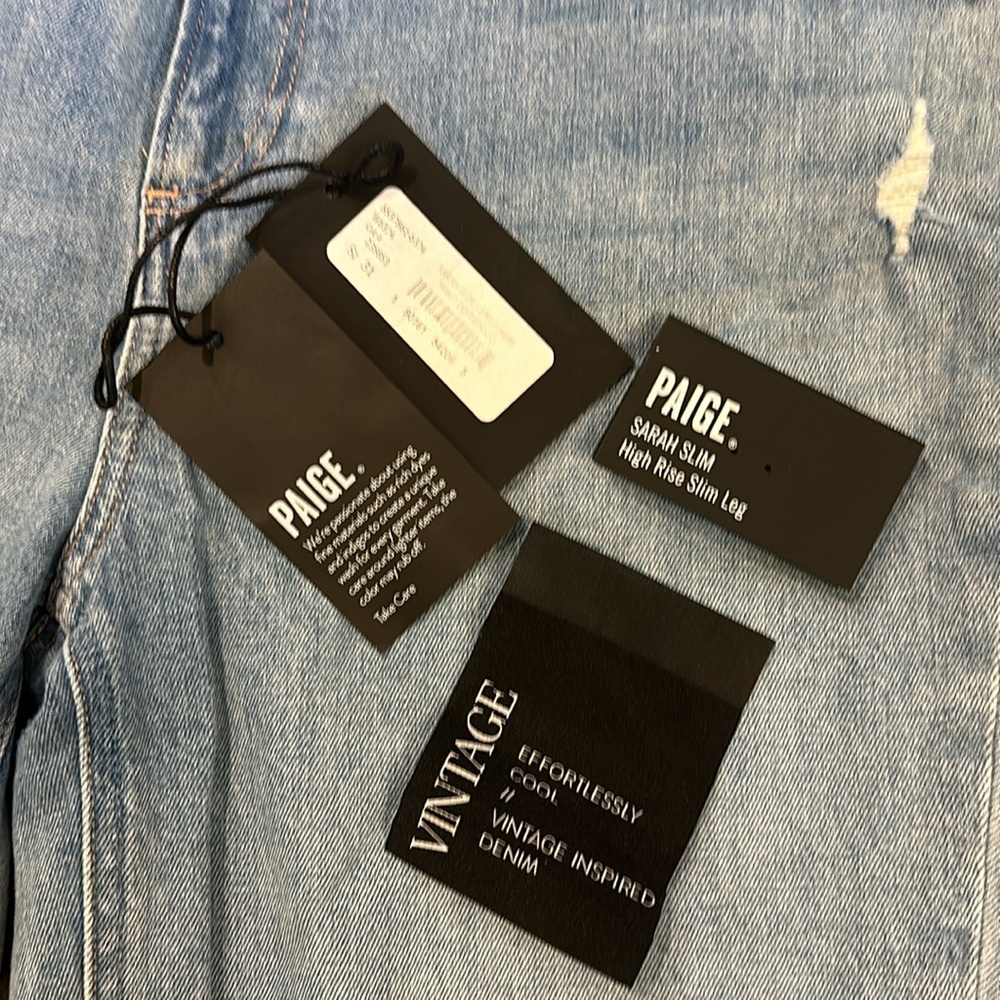 Paige Sarah Slim High Rise Mako Distressed Jeans Size 31 Light Wash - Picture 8 of 14